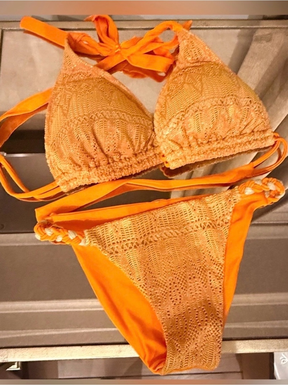 Luli fama Crochet Triangle String Bikini Set - Gold and Orange